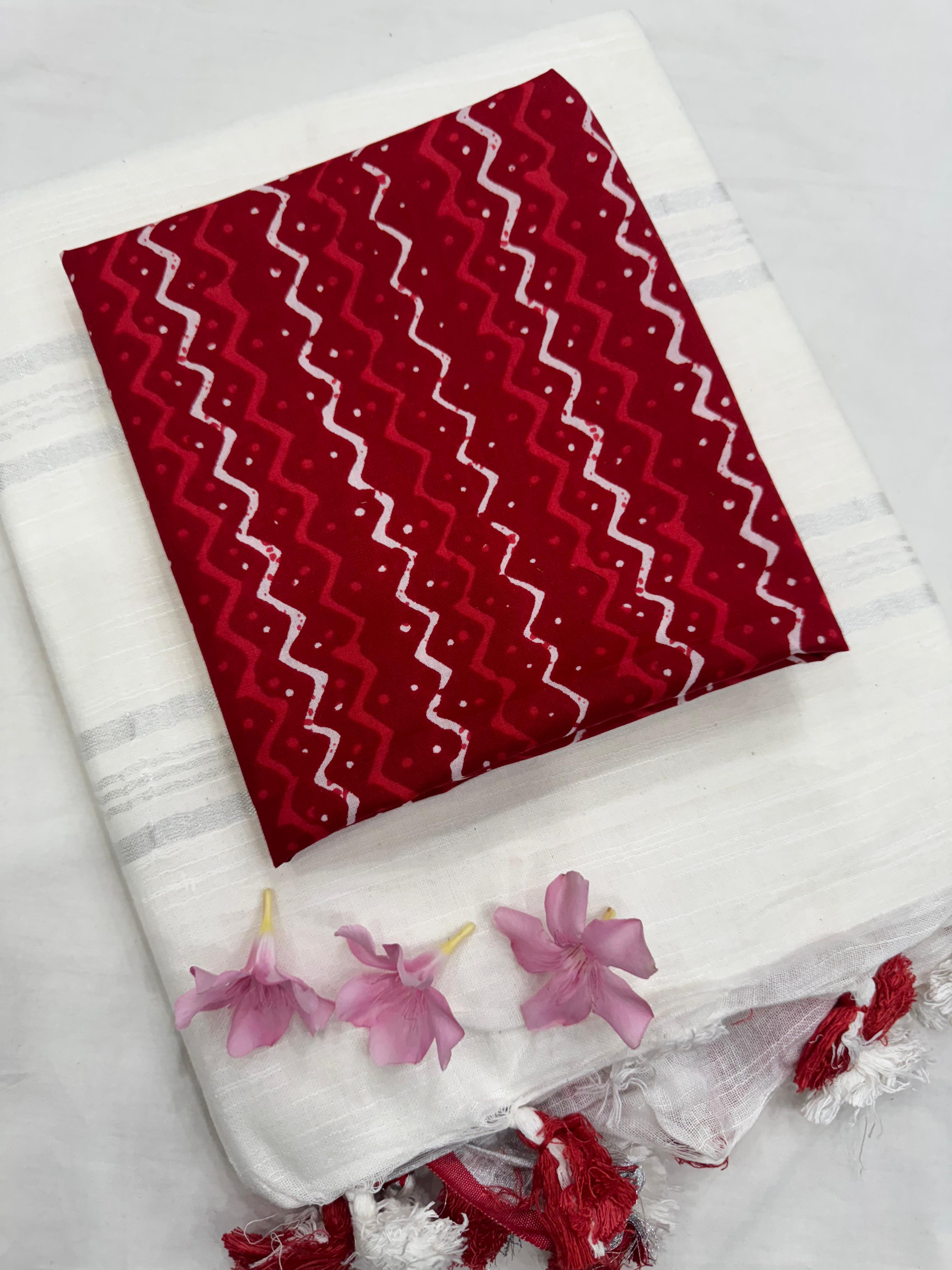 White Saree with Red Zigzag Blouse Fabric – Premium handblock printed saree wholesale for boutiques, retailers, and designers